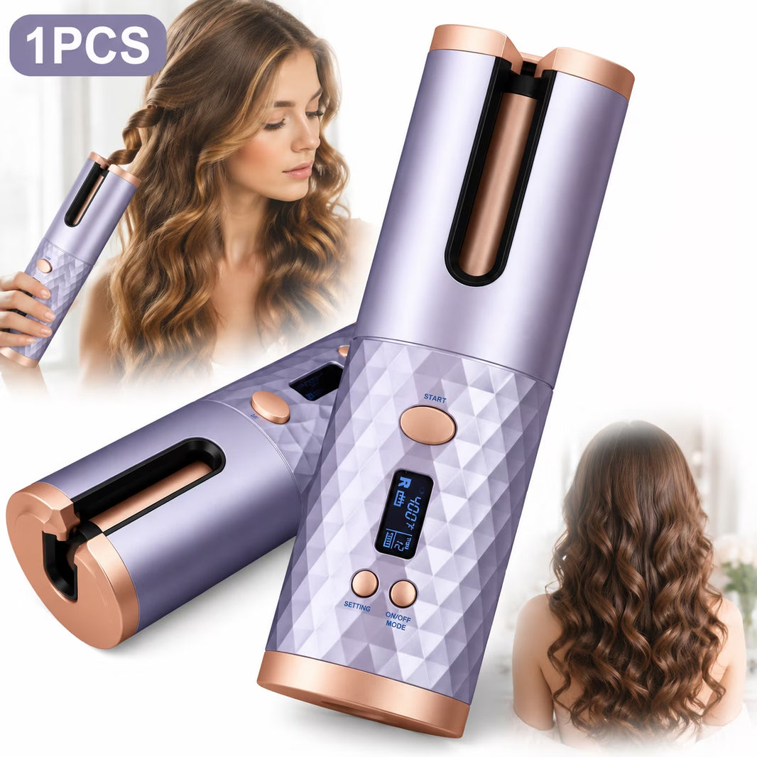 Portable Automatic Hair Curler, Ceramic Rotating Wireless Auto Curling Iron Wand, Portable USB Rechargeable Spin Curler for Hair Styling (Purple)