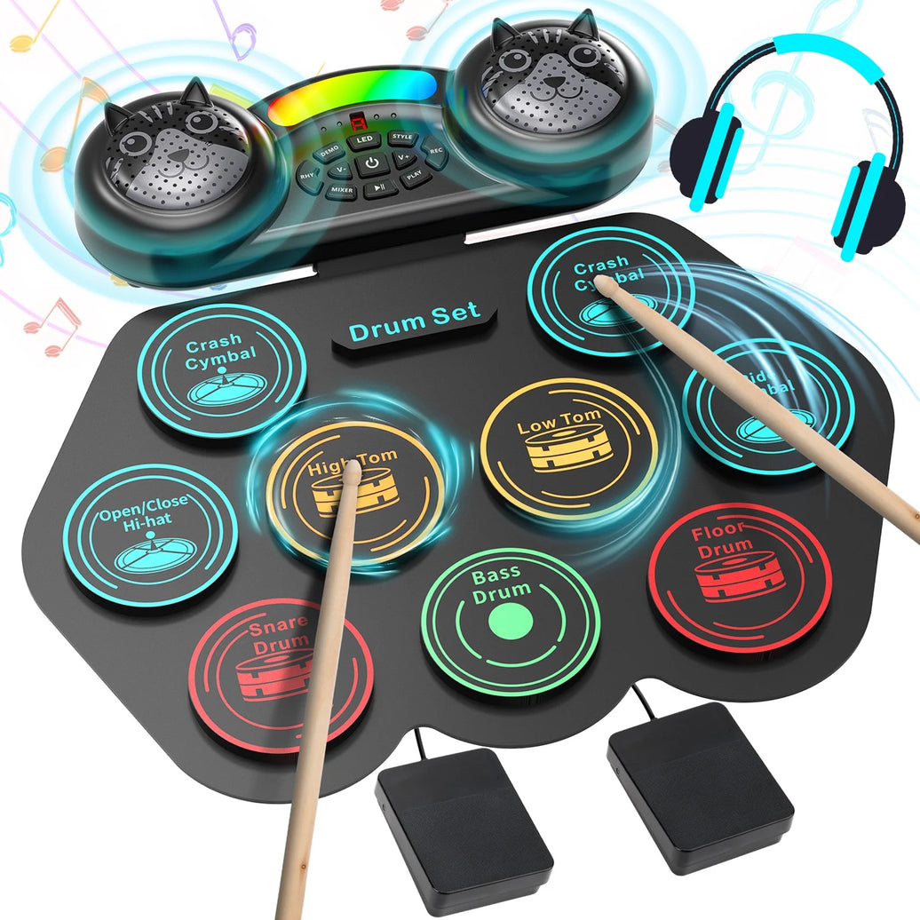 Electronic Drum Set for Kids Adults,9 Pads Portable MIDI Roll-Up Drum Kit with Dual Speakers / Headset Jack / Drumsticks / Foot Pedals,For Beginners