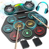 Electronic Drum Set for Kids Adults,9 Pads Portable MIDI Roll-Up Drum Kit with Dual Speakers / Headset Jack / Drumsticks / Foot Pedals,For Beginners