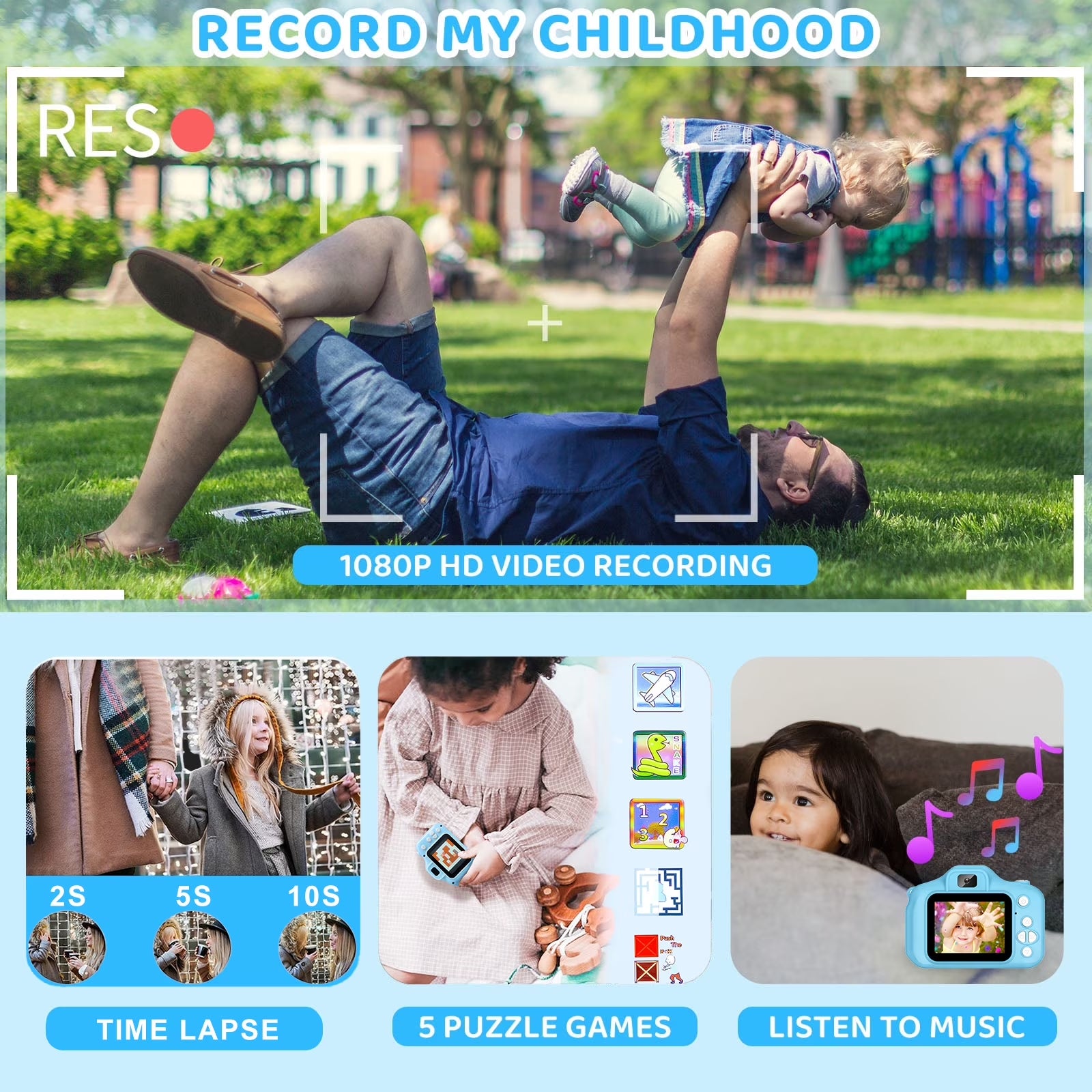 Kids Camera 1080P HD Digital Video Camera for Kids 32Gb Sd Card Mini Rechargeable Toddler Toys Christmas Birthday Festival Gifts for for 3-12 Years Kids, Blue