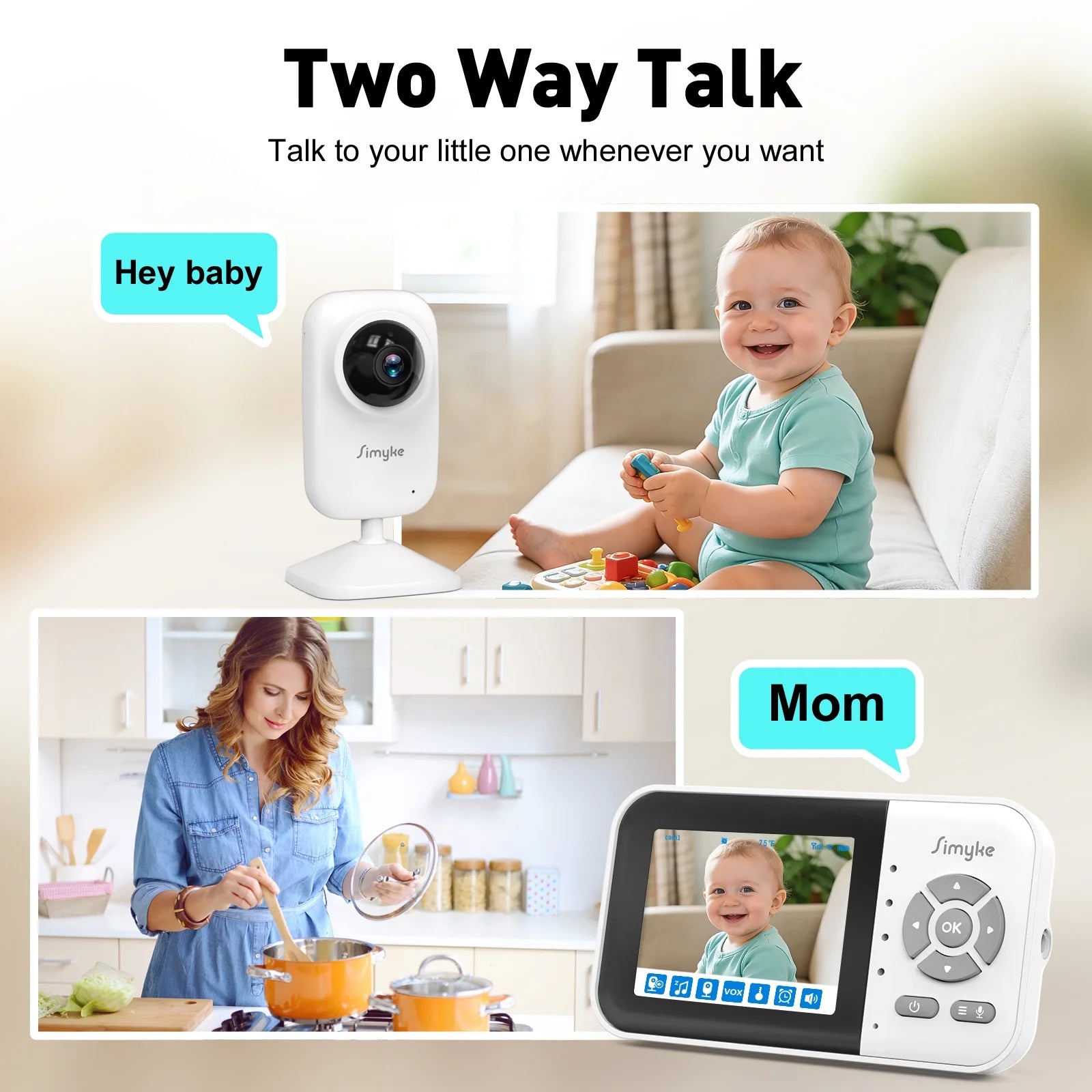 Wifi Video Baby Monitor, 2.8" LCD & App Viewing, 2-Way Audio, Night Vision, VOX, 5 Lullabies, Supports 4 Cameras, 1200Ft Range, Home Use