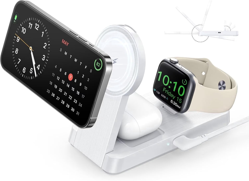 3 in 1 Charging Station - 2026 Foldable Wireless Charger Compatible for Iphone 17/16/15/14/13/12 plus Pro Max, Iwatch & Airpods, White