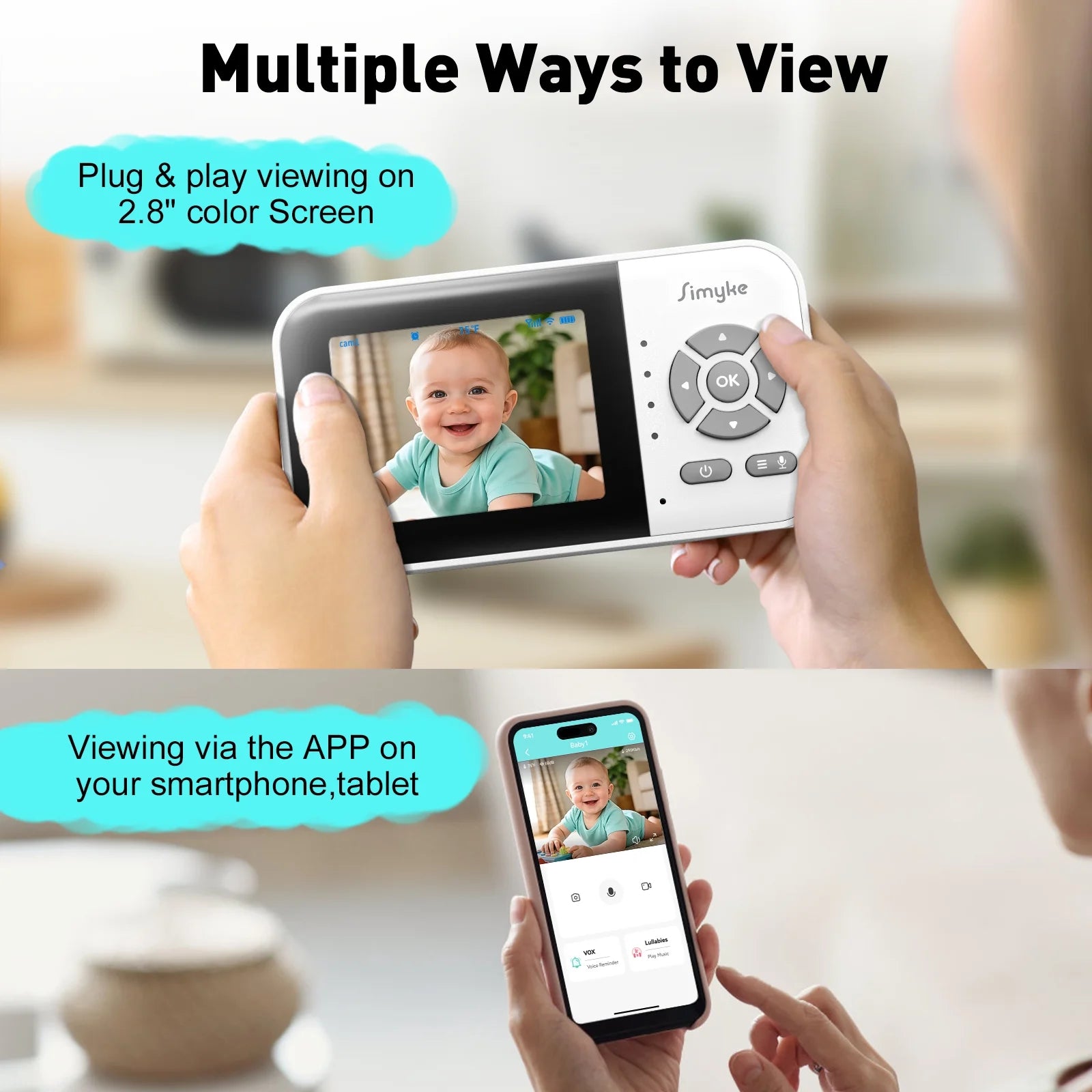 Wifi Video Baby Monitor, 2.8" LCD & App Viewing, 2-Way Audio, Night Vision, VOX, 5 Lullabies, Supports 4 Cameras, 1200Ft Range, Home Use