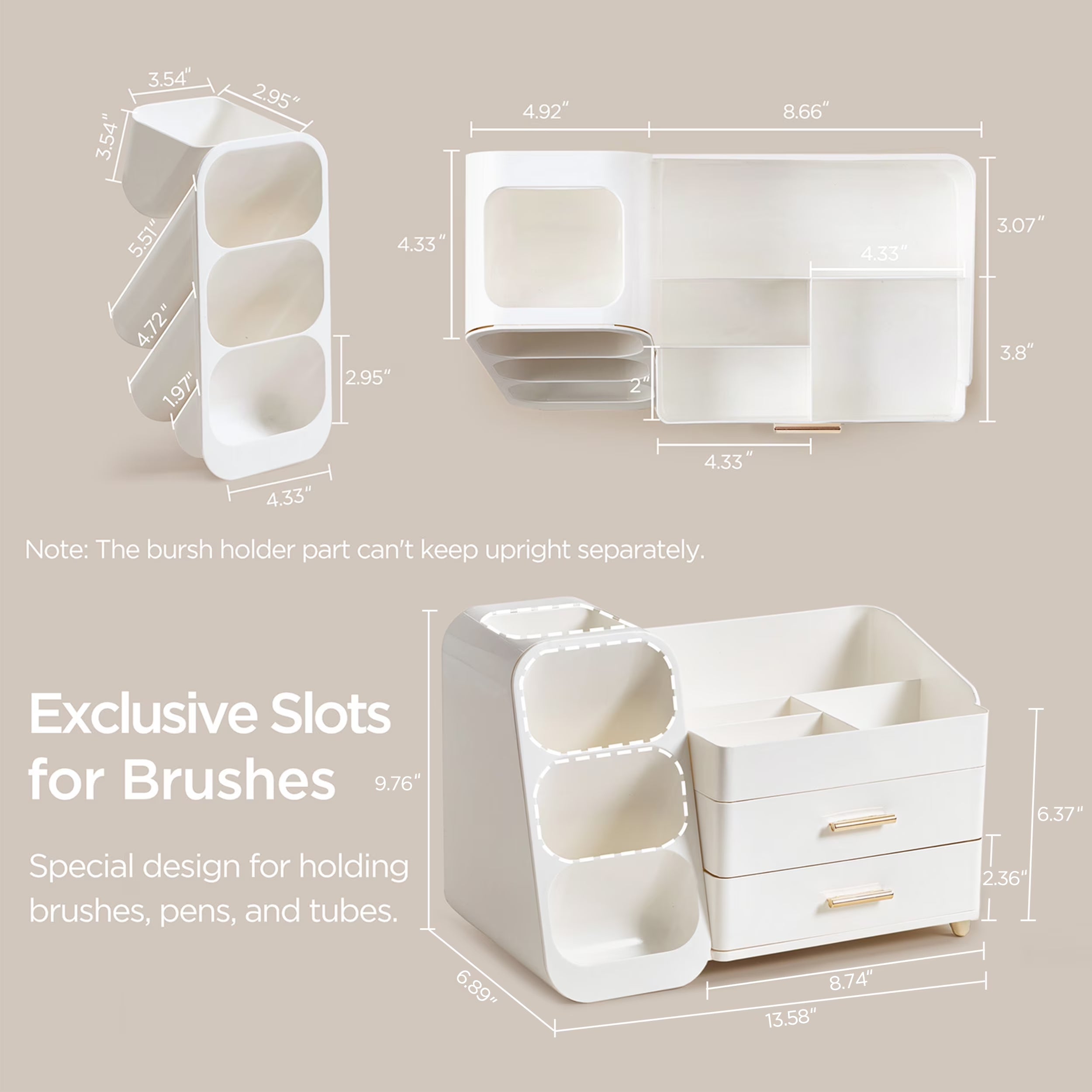 Makeup Organizer with Brush Holder for Vanity, Large Plastic Bathroom Countertop Organizer Skin Care Storage, All White
