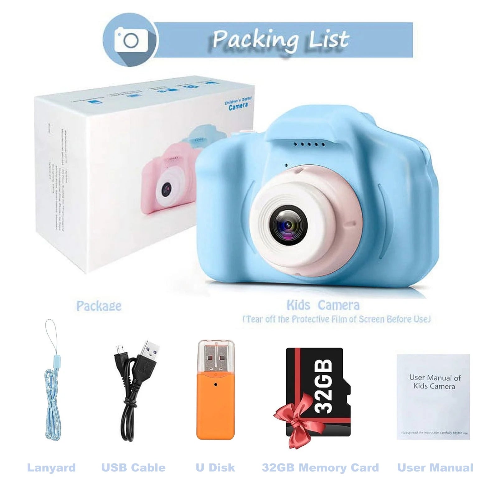 Kids Camera 1080P HD Digital Video Camera for Kids 32Gb Sd Card Mini Rechargeable Toddler Toys Christmas Birthday Festival Gifts for for 3-12 Years Kids, Blue