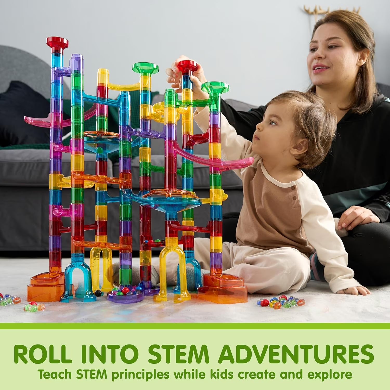 137Pcs Glowing Marble Run Game Set for Kids, STEM Building Toys Construction Blocks with 15 Glow in the Dark Marbles, Christmas Birthday Gift for Boys Girls over 3