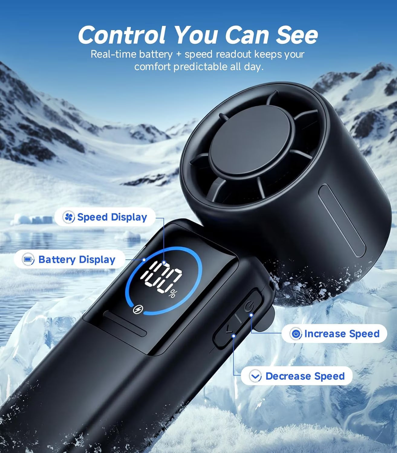 Portable Handheld Fan, 8000Mah Rechargeable Personal Fan, 100-Speed Wind, Built-In Type-C Cable, LED Display,135° Tilt Foldable for Desk/Neck/Travel