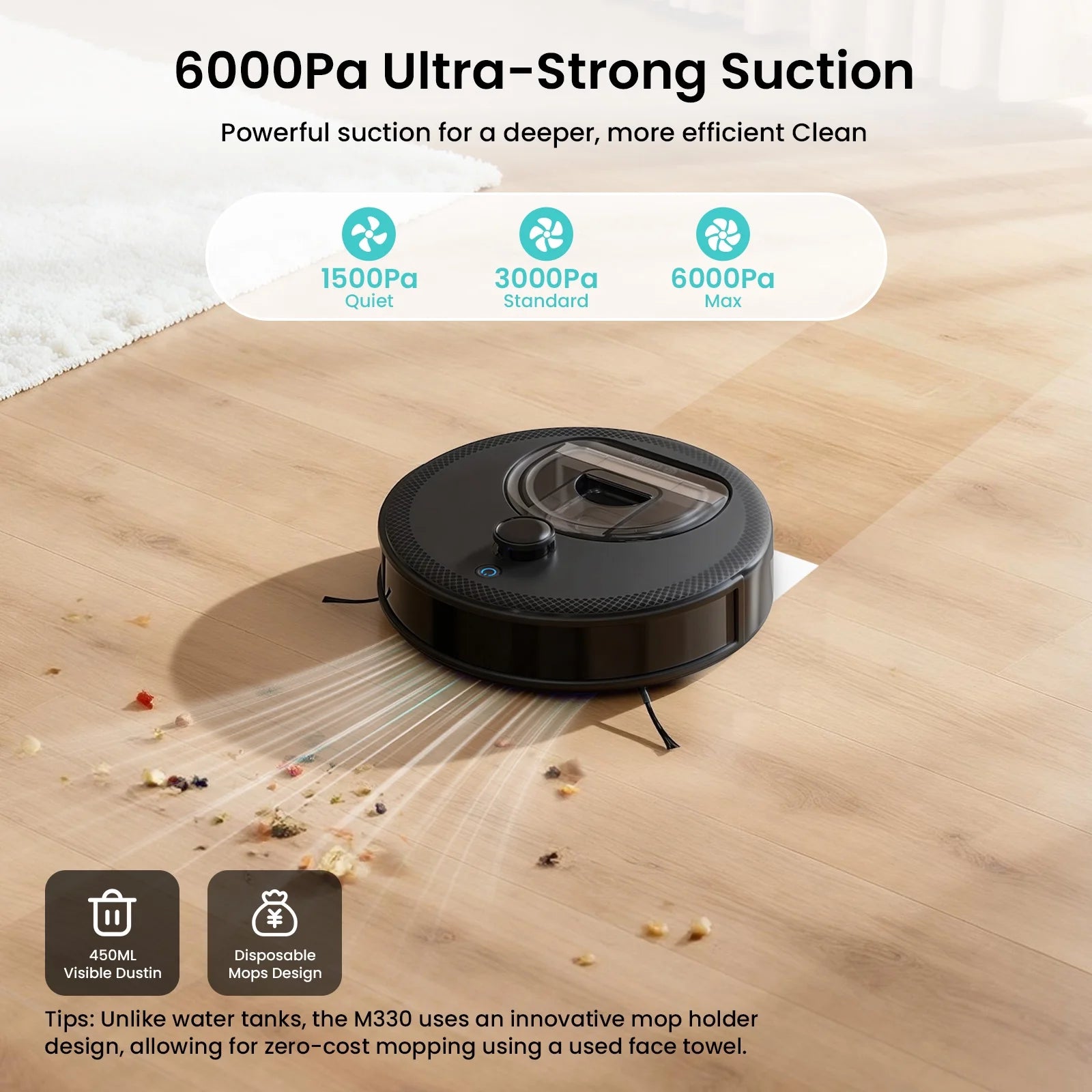 M330 Robot Vacuum and Mop with Lidar Navigation, 450Ml Visible Dustbin with Obstacle Avoidance, Perfect for Hardwood Carpets