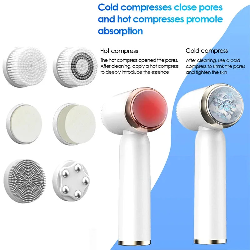 Portable 6-In-1 Silicone Electric Cleansing Brush Facial Pore Cleaning and Exfoliating Waterproof Sonic Cleansing Brush