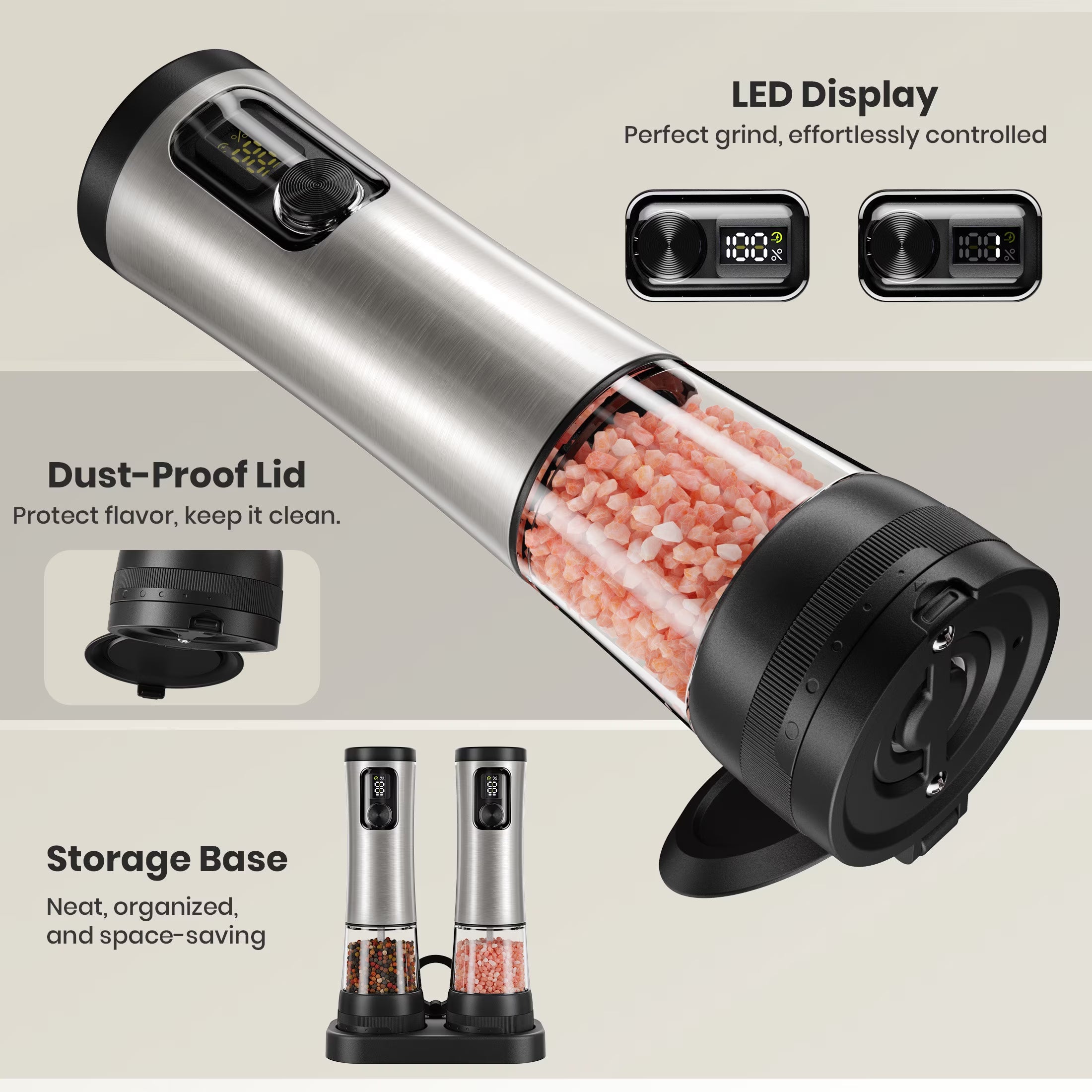 Electric Salt and Pepper Grinder Set, Automatic Rechargeable Salt and Pepper Mill with LED Display, Salt Pepper Shaker Electric with 5 Adjustable Coarseness