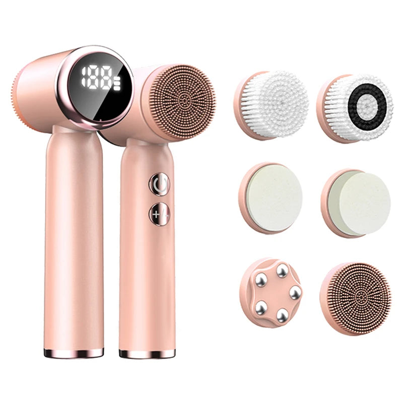 Portable 6-In-1 Silicone Electric Cleansing Brush Facial Pore Cleaning and Exfoliating Waterproof Sonic Cleansing Brush