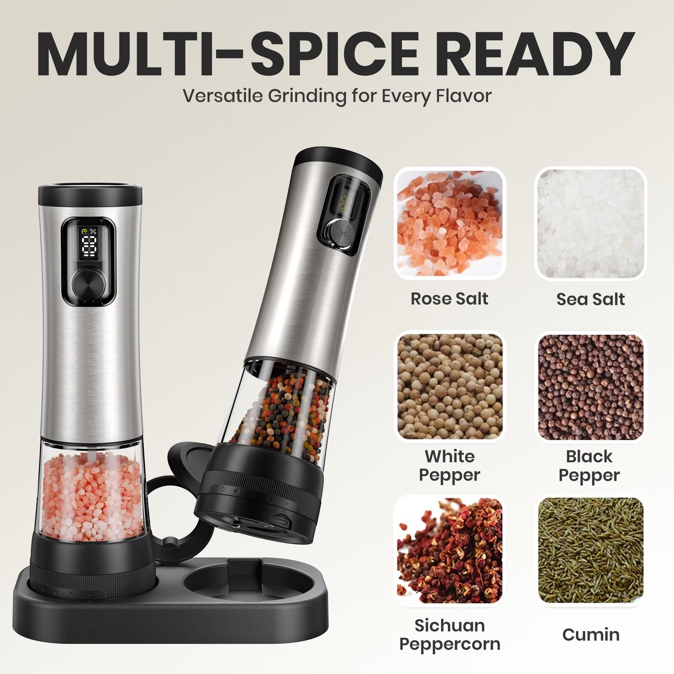 Electric Salt and Pepper Grinder Set, Automatic Rechargeable Salt and Pepper Mill with LED Display, Salt Pepper Shaker Electric with 5 Adjustable Coarseness