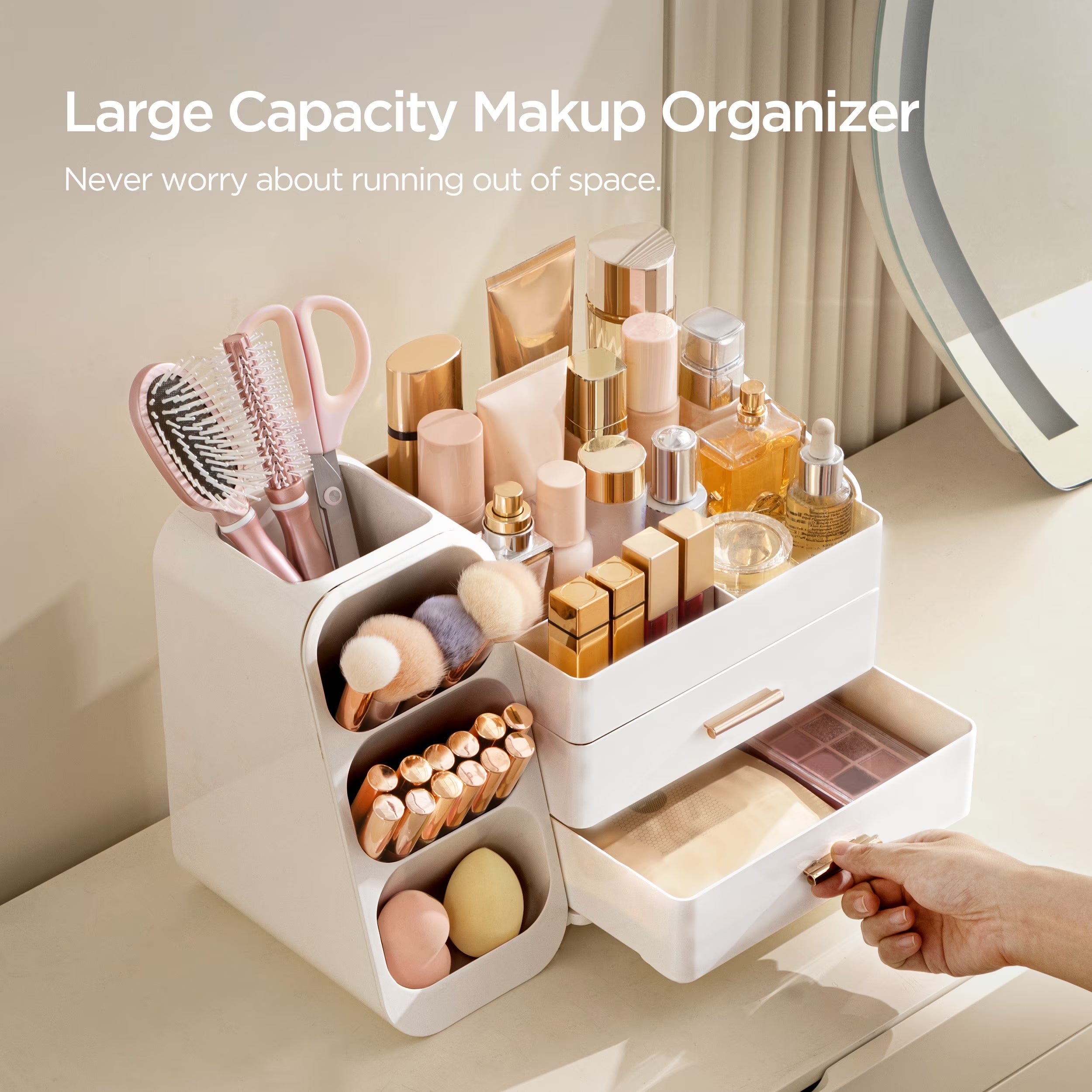Makeup Organizer with Brush Holder for Vanity, Large Plastic Bathroom Countertop Organizer Skin Care Storage, All White