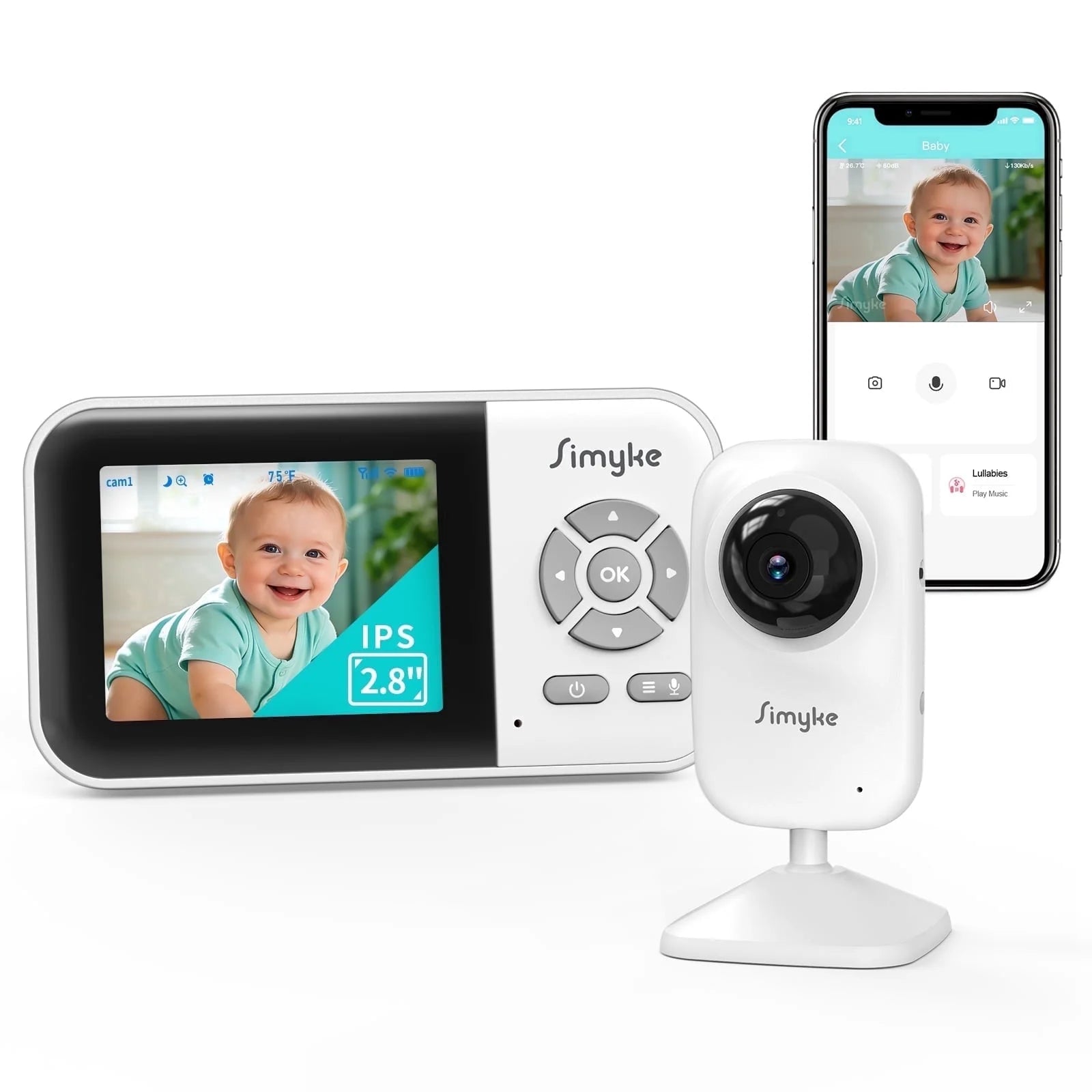 Wifi Video Baby Monitor, 2.8" LCD & App Viewing, 2-Way Audio, Night Vision, VOX, 5 Lullabies, Supports 4 Cameras, 1200Ft Range, Home Use