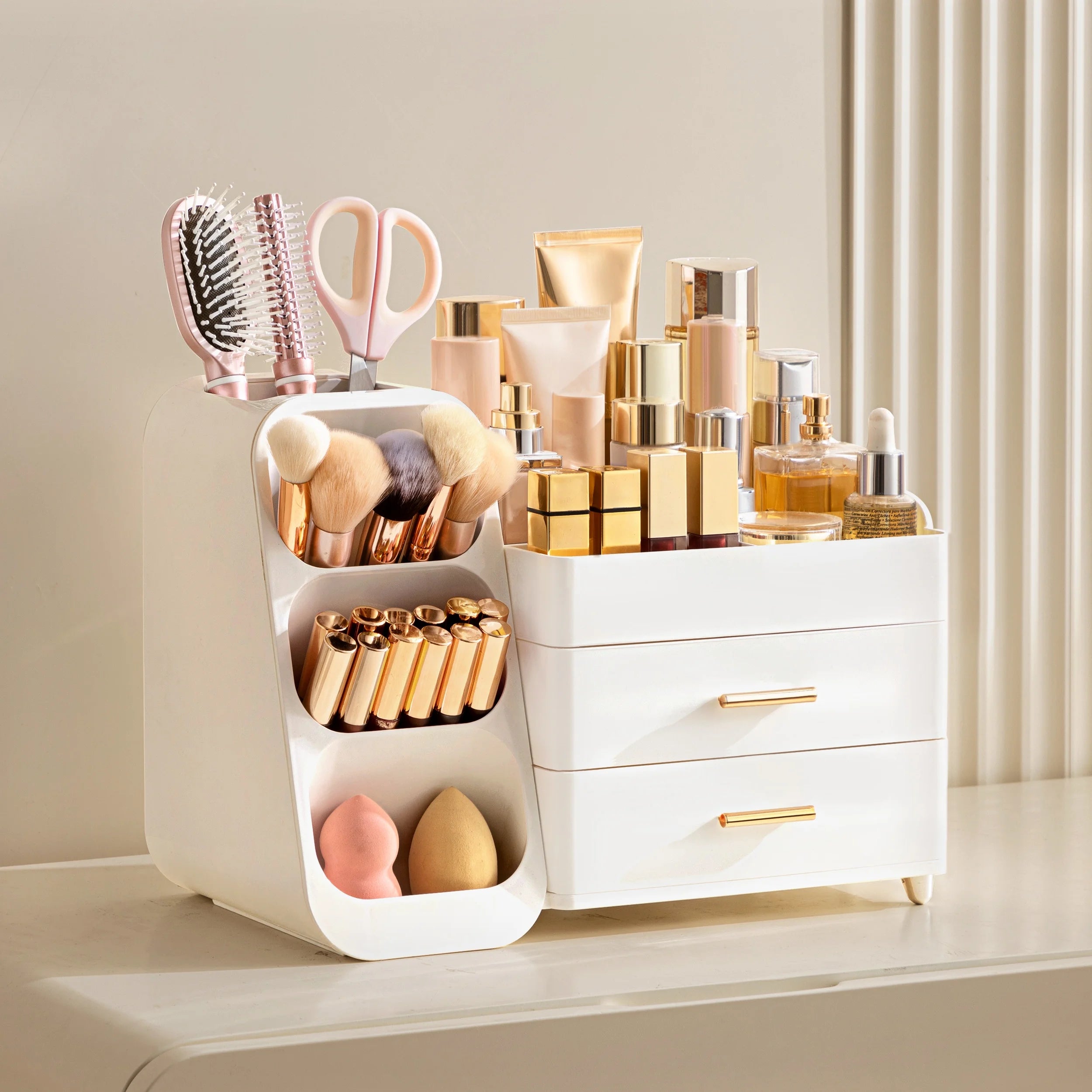 Makeup Organizer with Brush Holder for Vanity, Large Plastic Bathroom Countertop Organizer Skin Care Storage, All White
