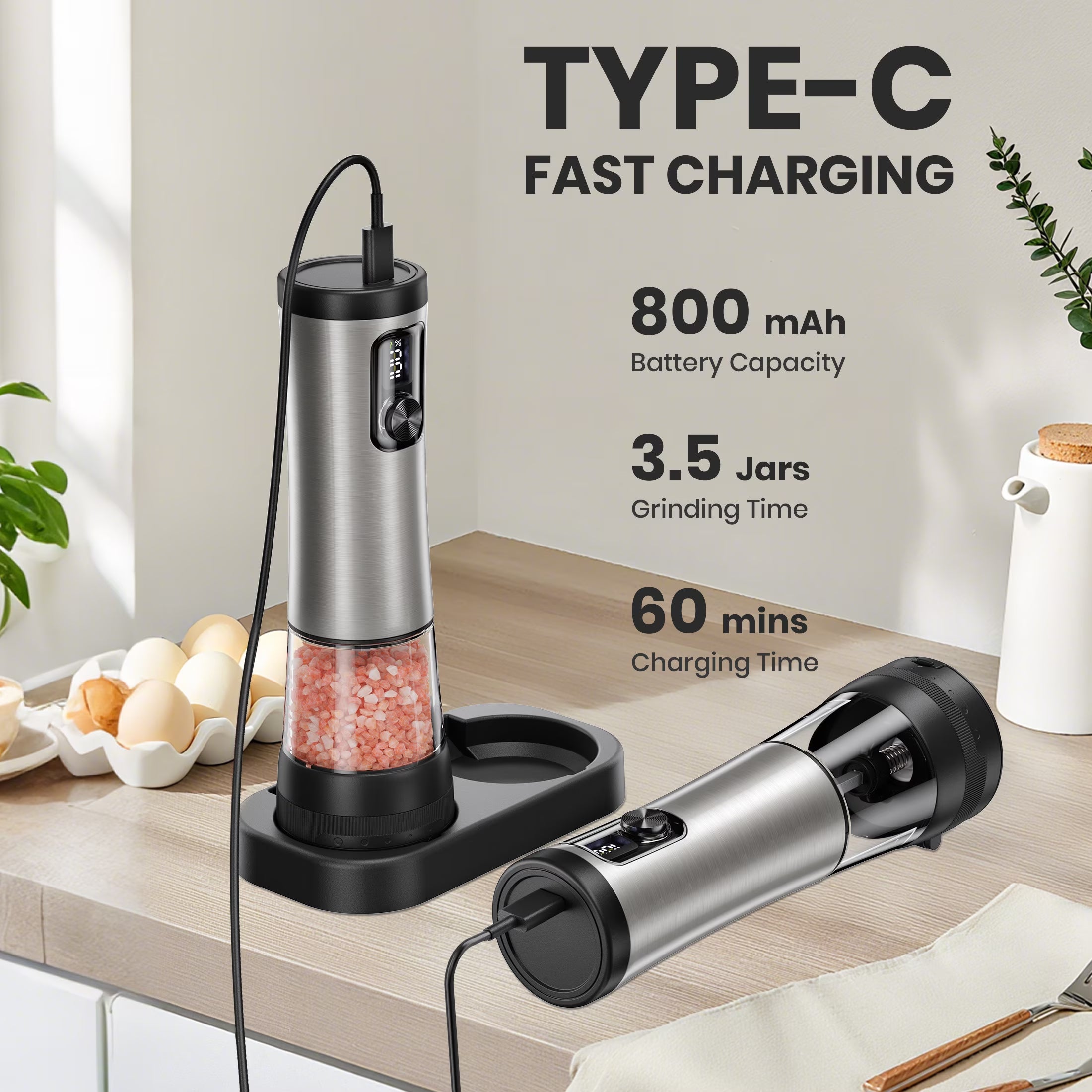 Electric Salt and Pepper Grinder Set, Automatic Rechargeable Salt and Pepper Mill with LED Display, Salt Pepper Shaker Electric with 5 Adjustable Coarseness