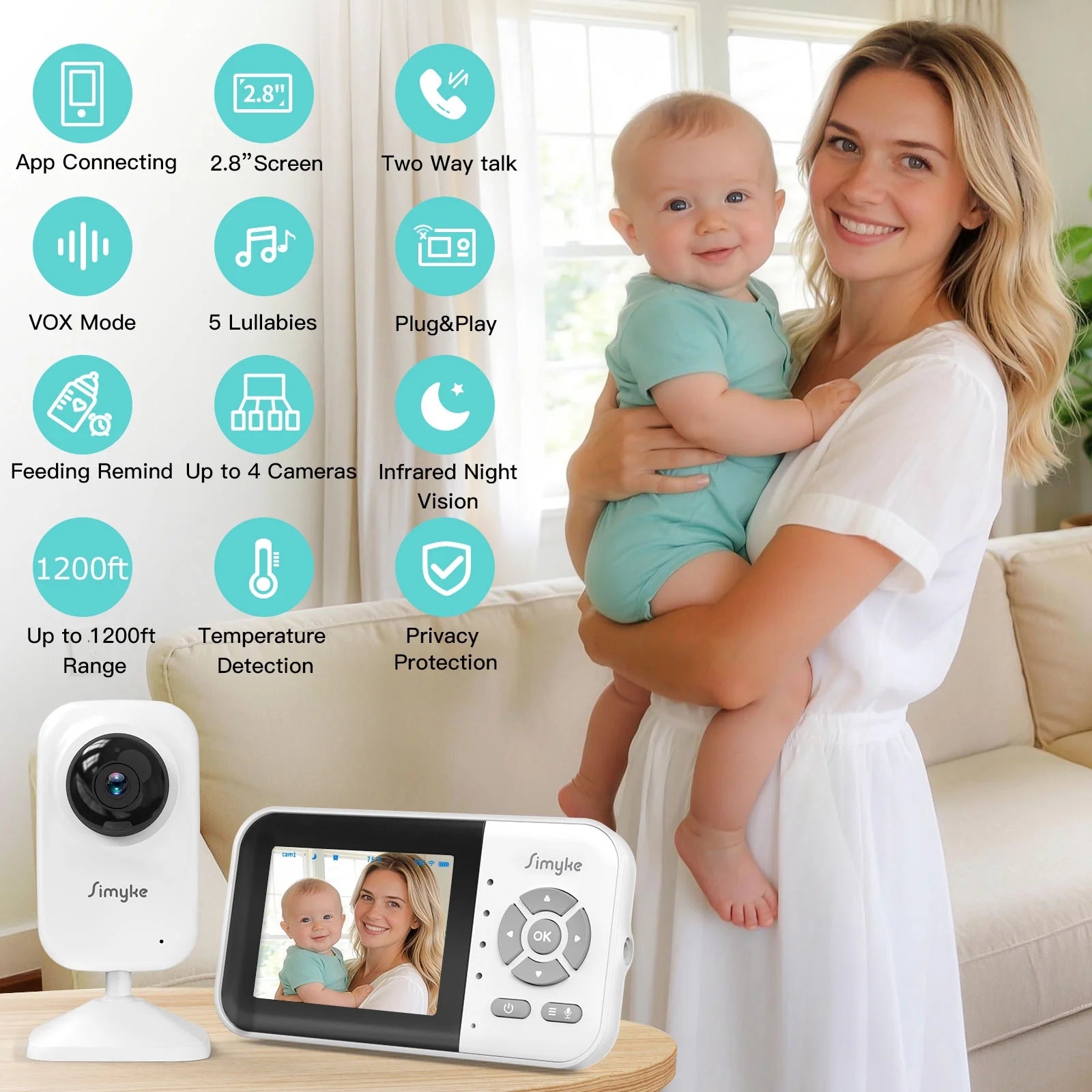 Wifi Video Baby Monitor, 2.8" LCD & App Viewing, 2-Way Audio, Night Vision, VOX, 5 Lullabies, Supports 4 Cameras, 1200Ft Range, Home Use