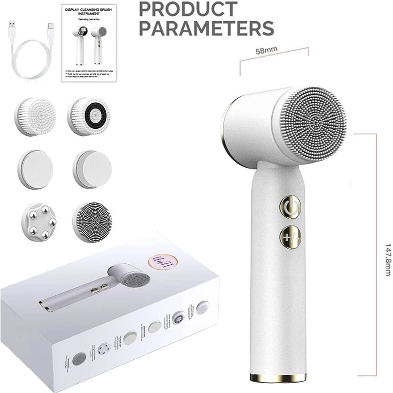 Portable 6-In-1 Silicone Electric Cleansing Brush Facial Pore Cleaning and Exfoliating Waterproof Sonic Cleansing Brush