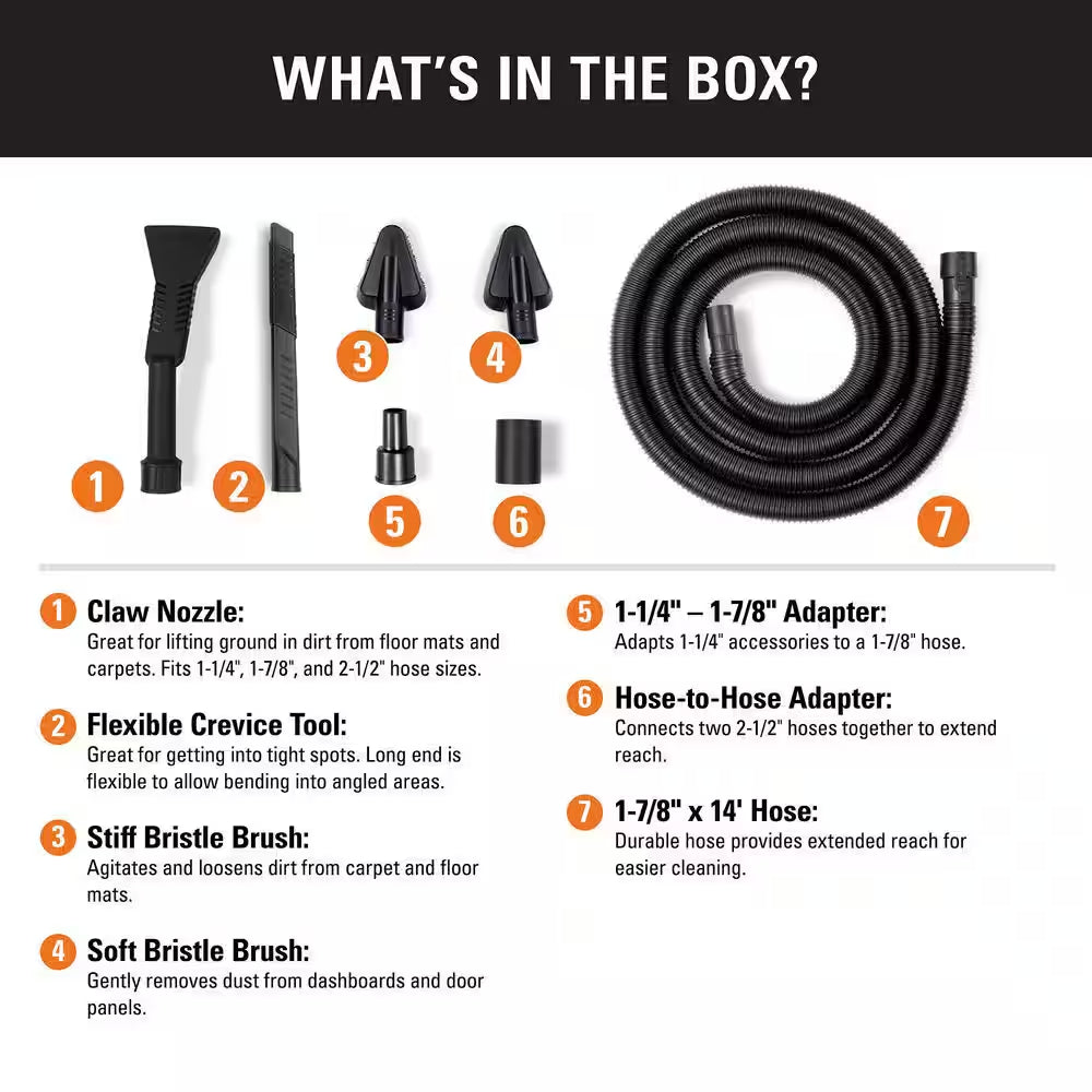1-1/4 In. VT1734 Car Cleaning Kit Accessory Shop Vacuum Attachments with 14-Ft Locking Hose for  Wet Dry Vacs