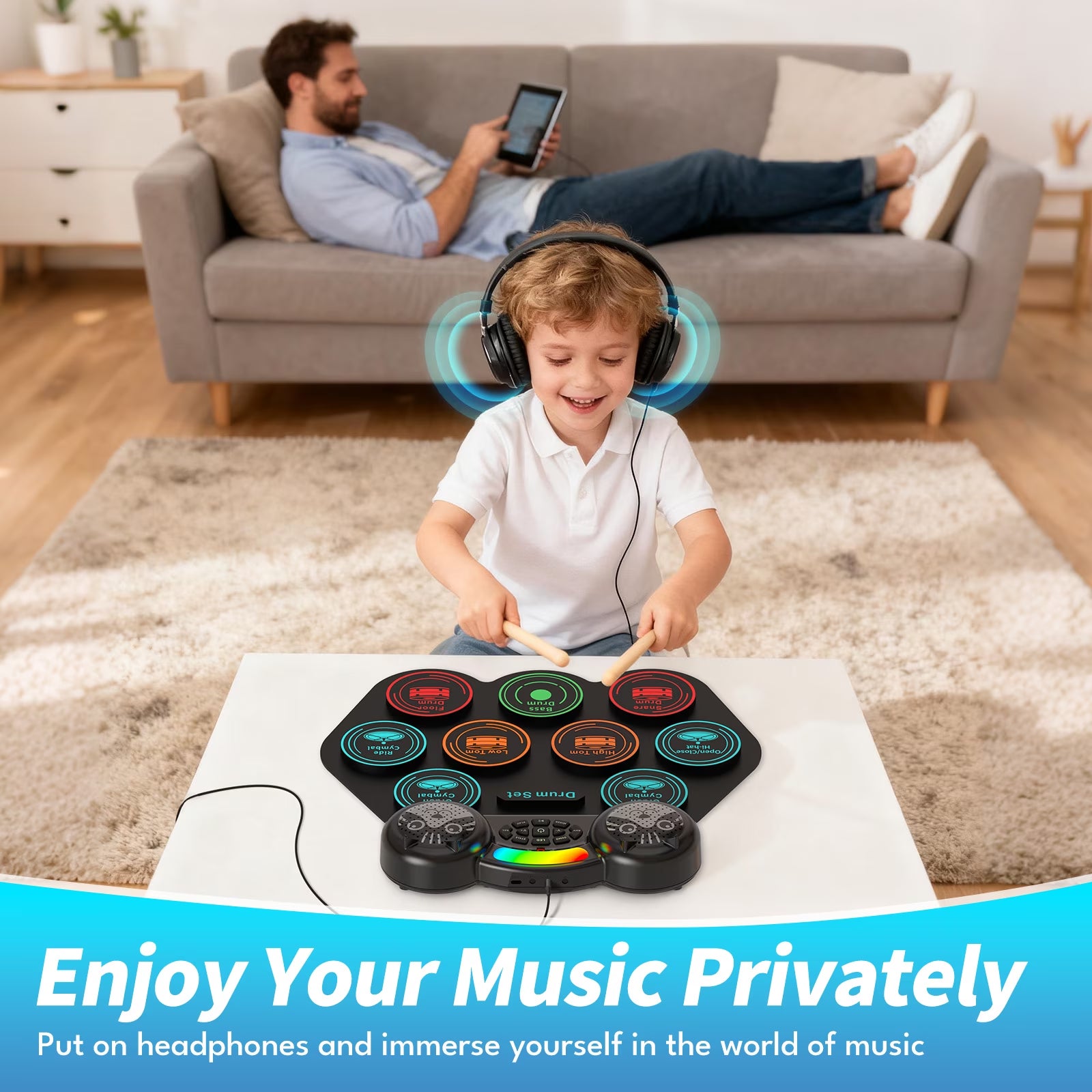 Electronic Drum Set for Kids Adults,9 Pads Portable MIDI Roll-Up Drum Kit with Dual Speakers / Headset Jack / Drumsticks / Foot Pedals,For Beginners