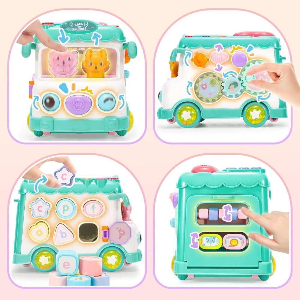 Baby Activity Bus Toy Set 6-In-1 Multifunctional Musical Learning Bus Includes Mini Car & Building Blocks Early Educational Toy for Toddlers Ages 1-3