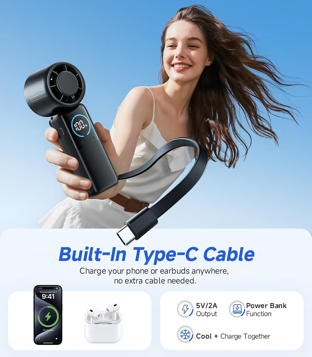 Portable Handheld Fan, 8000Mah Rechargeable Personal Fan, 100-Speed Wind, Built-In Type-C Cable, LED Display,135° Tilt Foldable for Desk/Neck/Travel