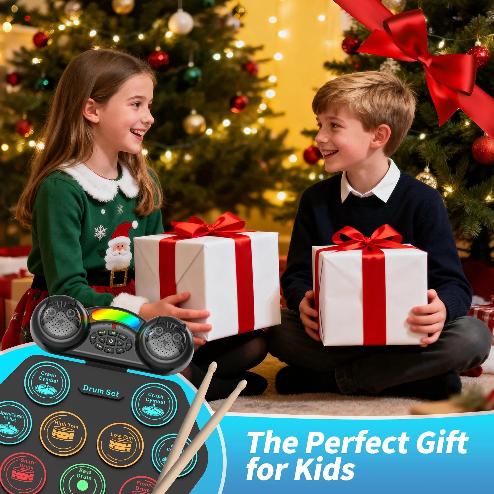 Electronic Drum Set for Kids Adults,9 Pads Portable MIDI Roll-Up Drum Kit with Dual Speakers / Headset Jack / Drumsticks / Foot Pedals,For Beginners