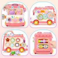 Baby Activity Bus Toy Set 6-In-1 Multifunctional Musical Learning Bus Includes Mini Car & Building Blocks Early Educational Toy for Toddlers Ages 1-3
