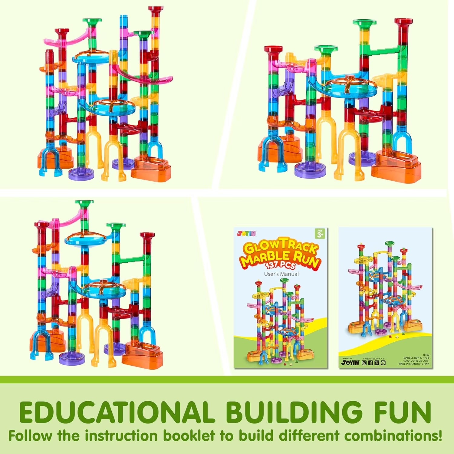 137Pcs Glowing Marble Run Game Set for Kids, STEM Building Toys Construction Blocks with 15 Glow in the Dark Marbles, Christmas Birthday Gift for Boys Girls over 3