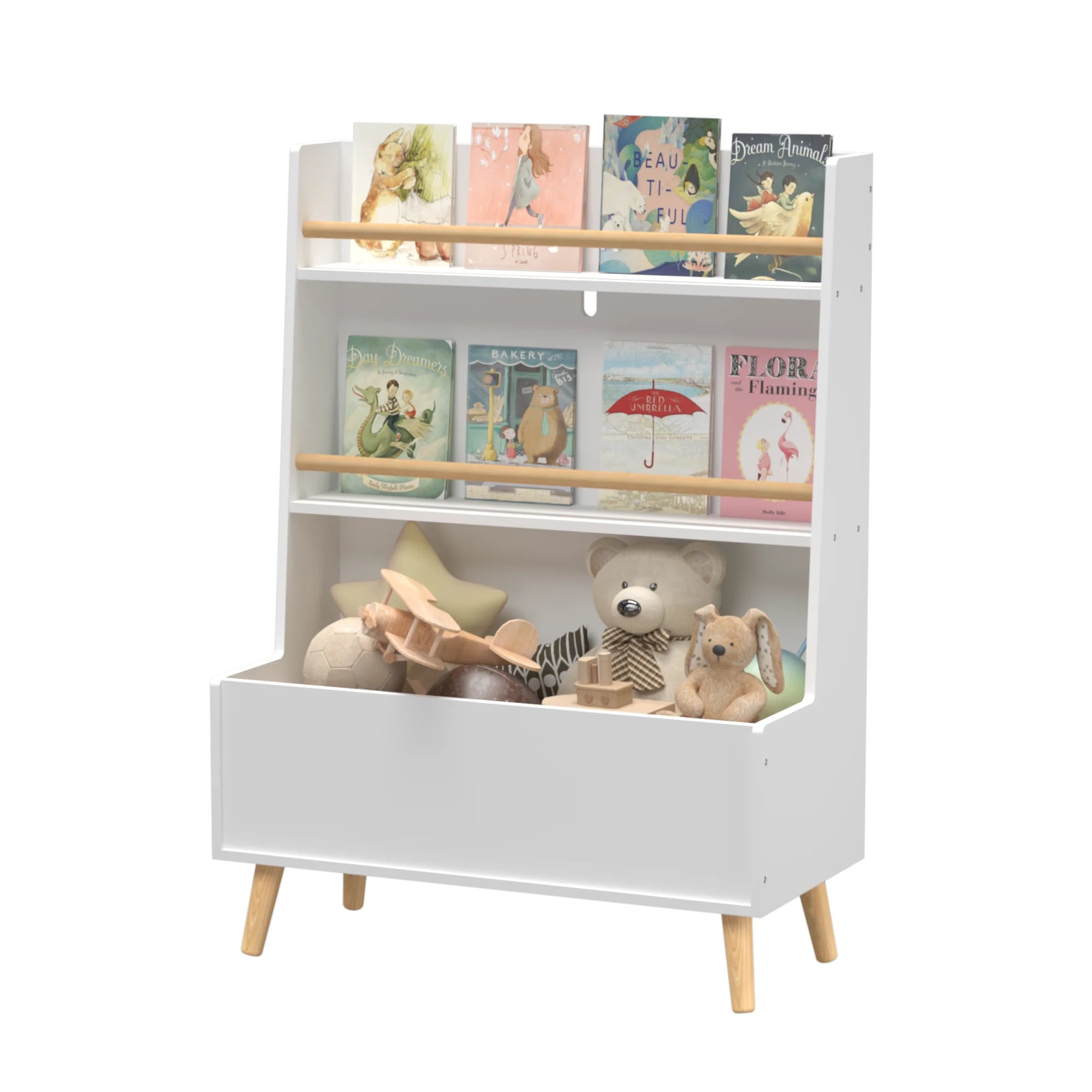 Bookshelf for Kids, Wooden Kids Bookshelf with Toy Storage Cabinet and 2 Shelves, Freestanding Bookcase Organizer for Bedroom, Playroom, White