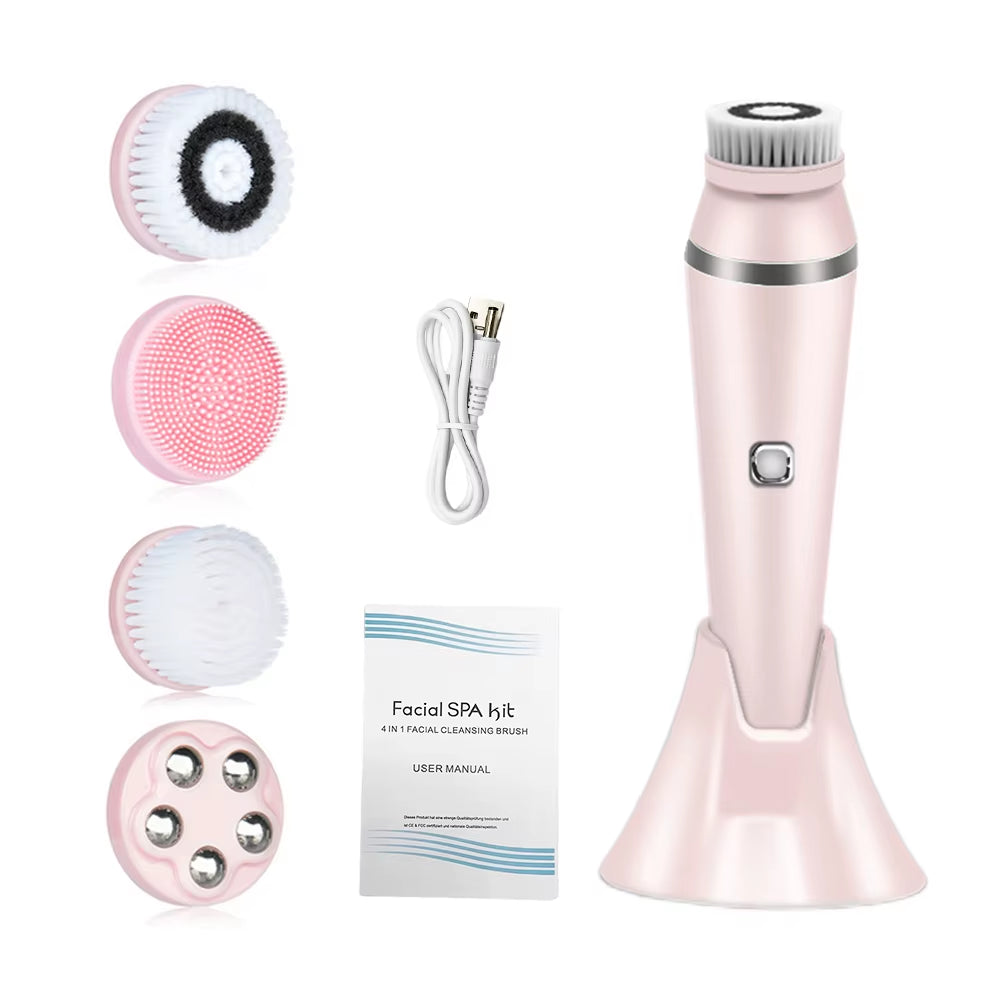 4 in 1 Electric Facial Cleansing Brush Sonic Waterproof Rotate Rechargeable Face Cleaning Tool Pore Cleaner Facial Skin Machine
