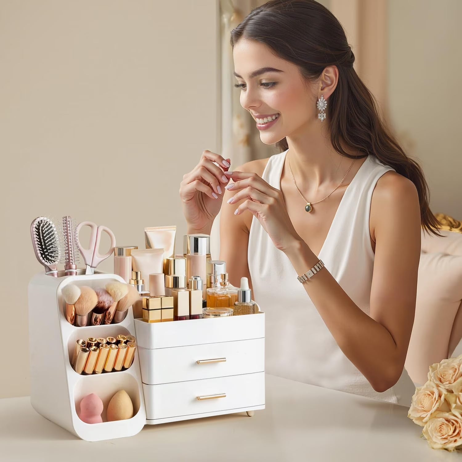 Makeup Organizer with Brush Holder for Vanity, Large Plastic Bathroom Countertop Organizer Skin Care Storage, All White