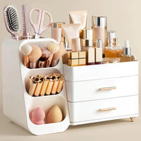Makeup Organizer with Brush Holder for Vanity, Large Plastic Bathroom Countertop Organizer Skin Care Storage, All White