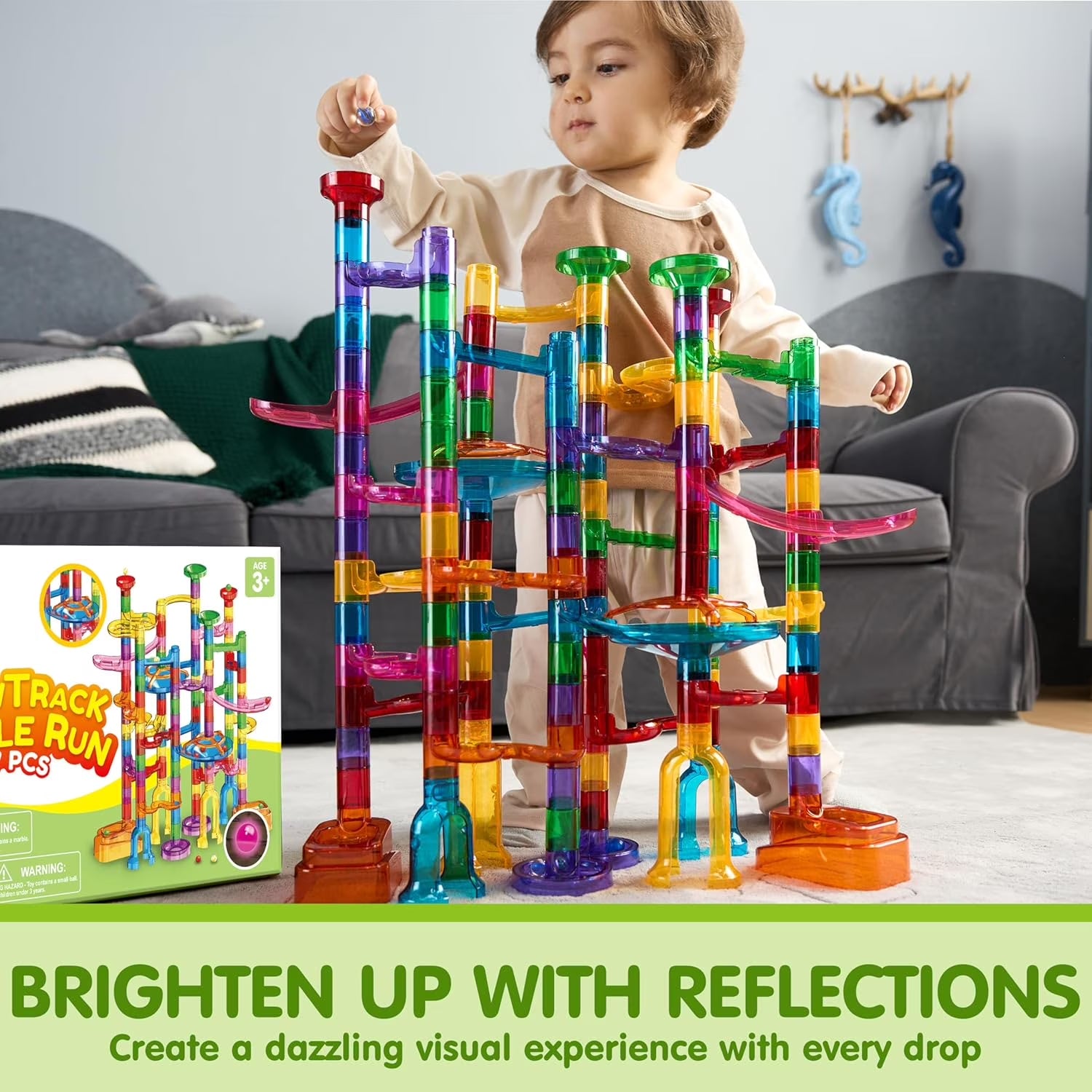 137Pcs Glowing Marble Run Game Set for Kids, STEM Building Toys Construction Blocks with 15 Glow in the Dark Marbles, Christmas Birthday Gift for Boys Girls over 3