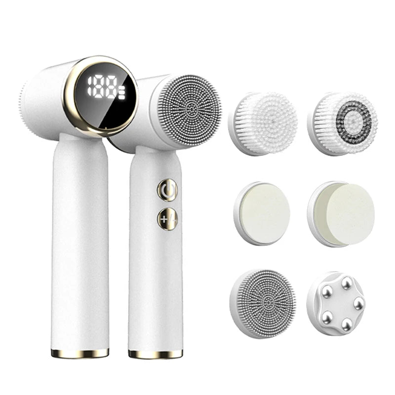 Portable 6-In-1 Silicone Electric Cleansing Brush Facial Pore Cleaning and Exfoliating Waterproof Sonic Cleansing Brush