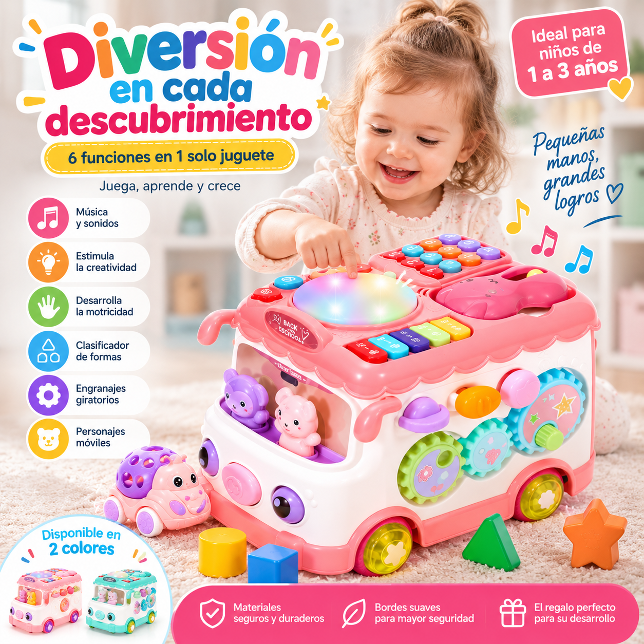 Juguete Educativo Multifuncional para Niños de 1 a 3 años - Aprende y Diviértete con el Bus Musical 6-en-1