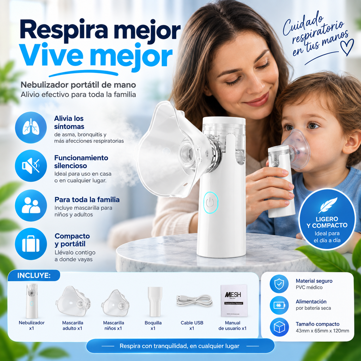 Nebulizador portátil de mano para una respiración saludable en niños y adultos