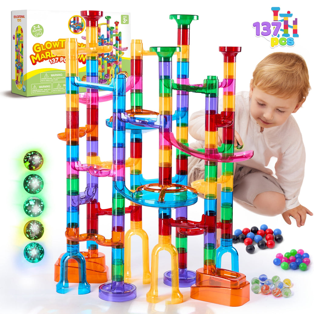 137Pcs Glowing Marble Run Game Set for Kids, STEM Building Toys Construction Blocks with 15 Glow in the Dark Marbles, Christmas Birthday Gift for Boys Girls over 3