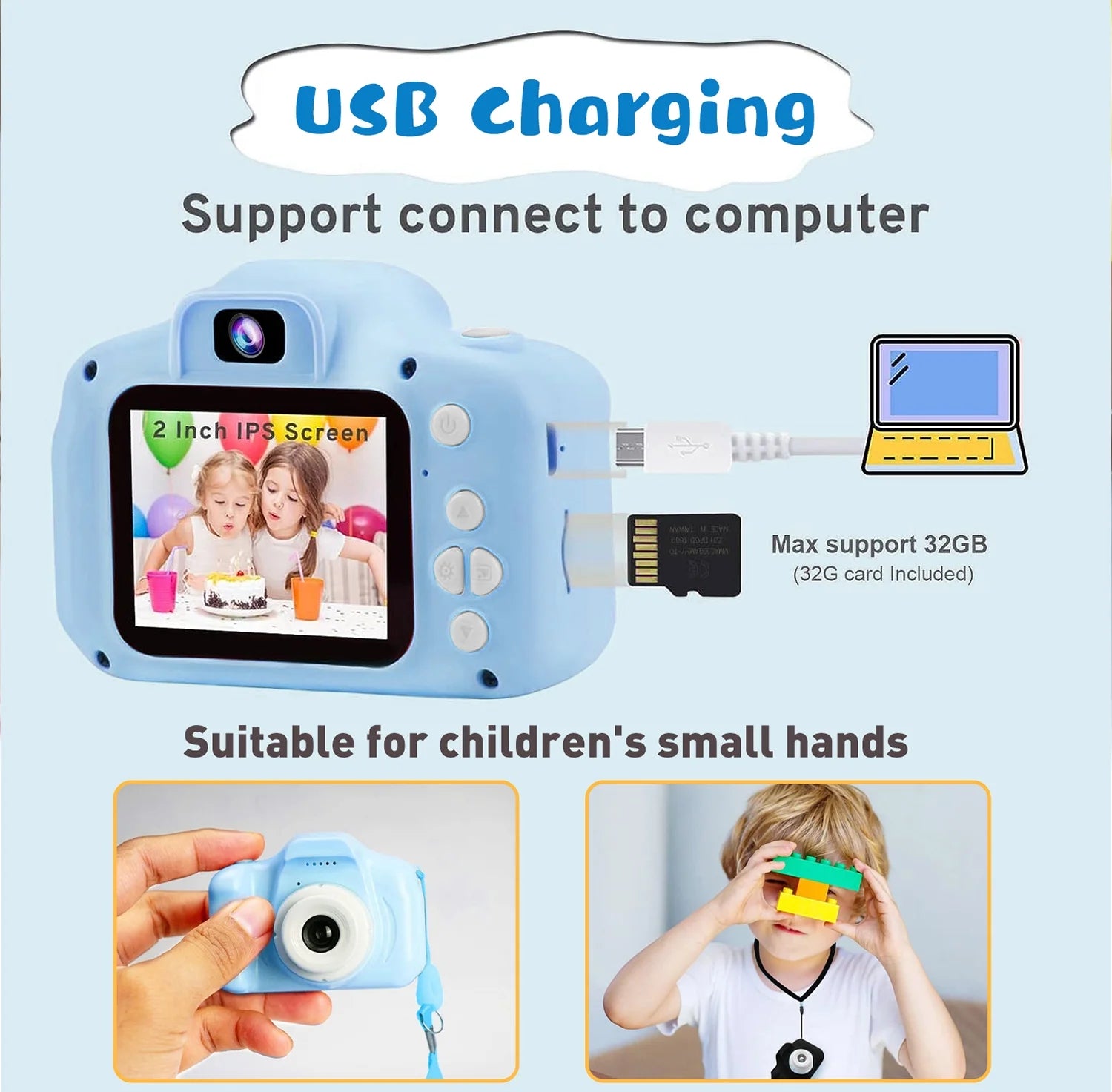 Kids Camera 1080P HD Digital Video Camera for Kids 32Gb Sd Card Mini Rechargeable Toddler Toys Christmas Birthday Festival Gifts for for 3-12 Years Kids, Blue