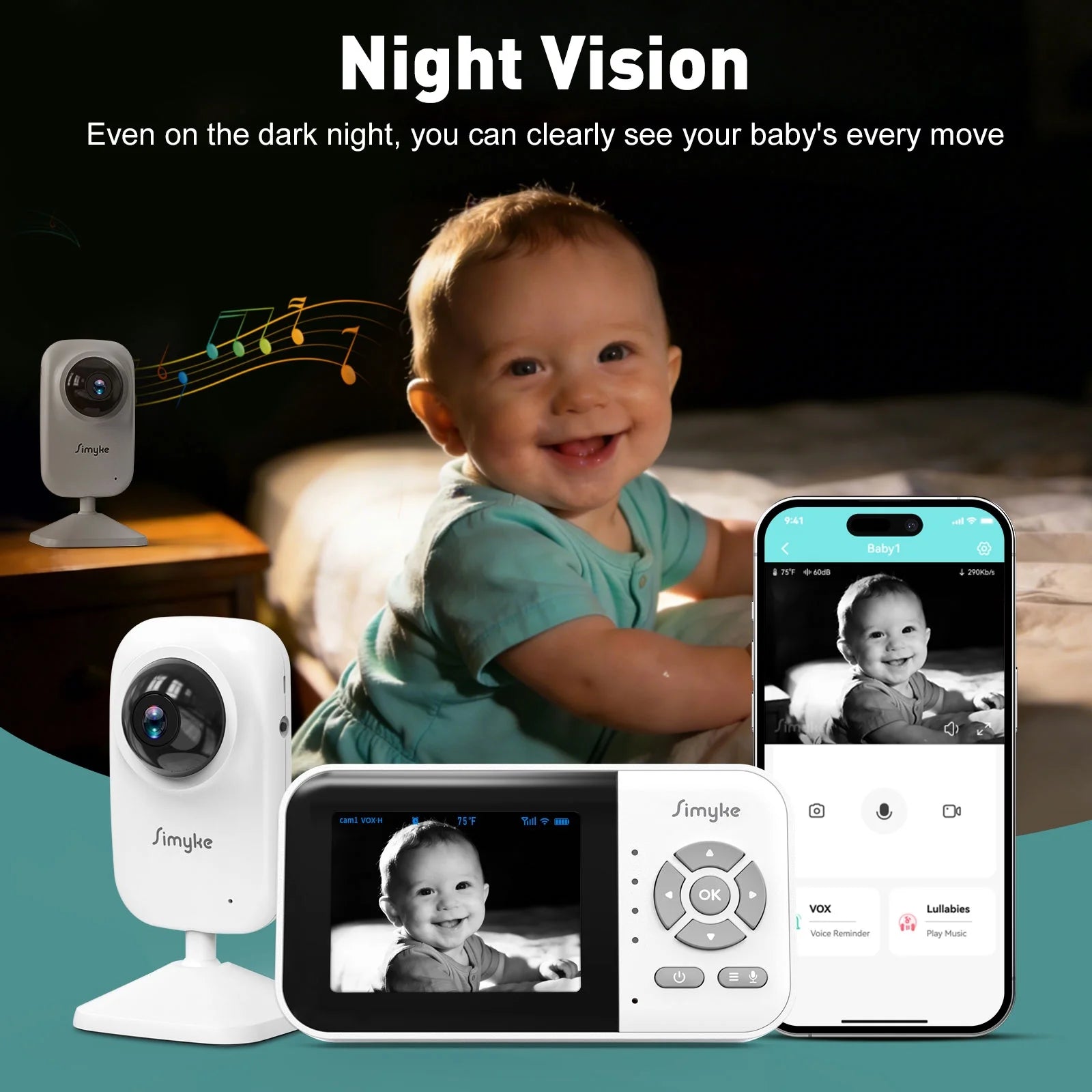 Wifi Video Baby Monitor, 2.8" LCD & App Viewing, 2-Way Audio, Night Vision, VOX, 5 Lullabies, Supports 4 Cameras, 1200Ft Range, Home Use