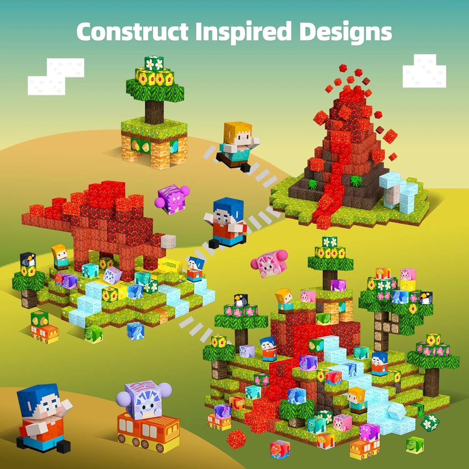 126PCS Magnetic Blocks Playset, Build Dinosaur Magwonder with Building Pretend Play Toys, STEM Montessori Travel Gift for Kids