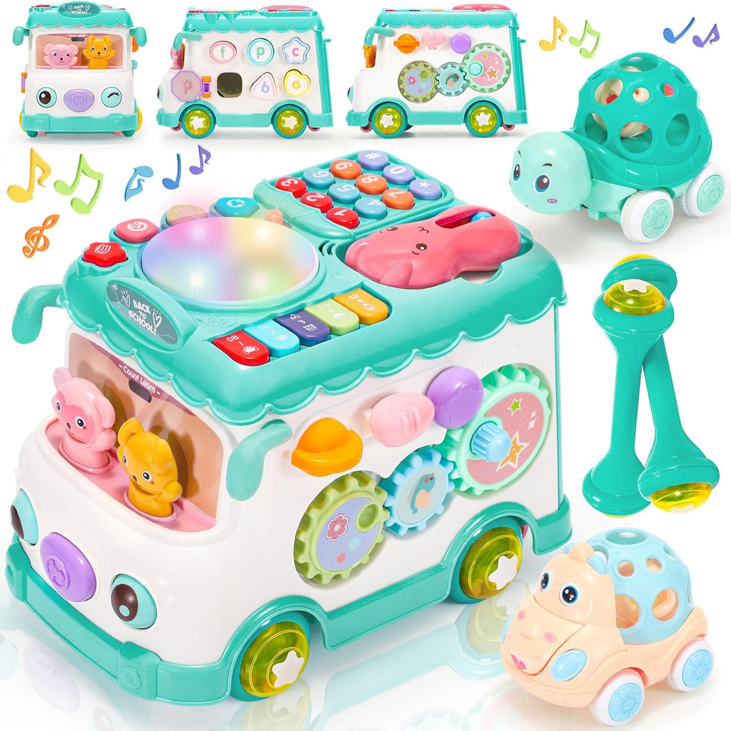 Baby Activity Bus Toy Set 6-In-1 Multifunctional Musical Learning Bus Includes Mini Car & Building Blocks Early Educational Toy for Toddlers Ages 1-3