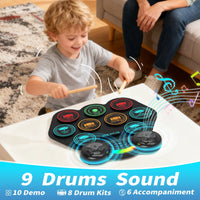 Electronic Drum Set for Kids Adults,9 Pads Portable MIDI Roll-Up Drum Kit with Dual Speakers / Headset Jack / Drumsticks / Foot Pedals,For Beginners
