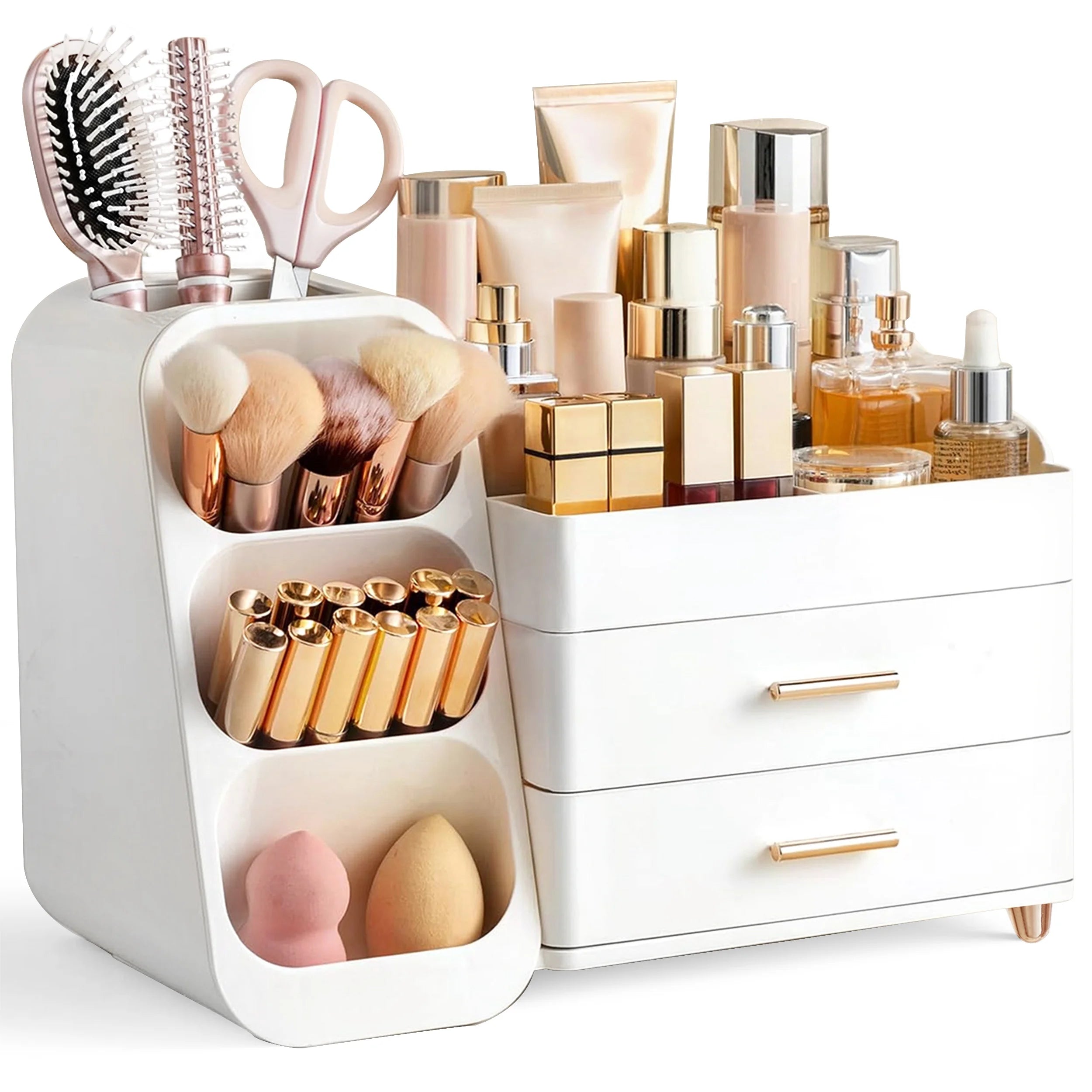 Makeup Organizer with Brush Holder for Vanity, Large Plastic Bathroom Countertop Organizer Skin Care Storage, All White