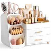Makeup Organizer with Brush Holder for Vanity, Large Plastic Bathroom Countertop Organizer Skin Care Storage, All White