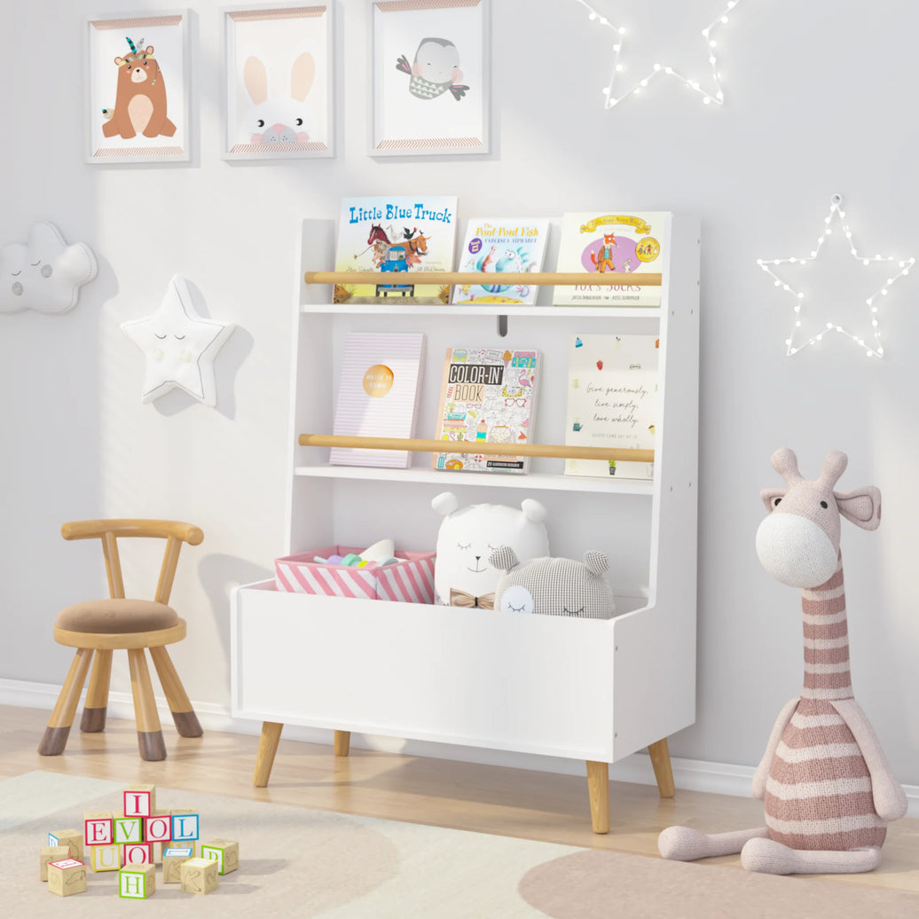 Bookshelf for Kids, Wooden Kids Bookshelf with Toy Storage Cabinet and 2 Shelves, Freestanding Bookcase Organizer for Bedroom, Playroom, White