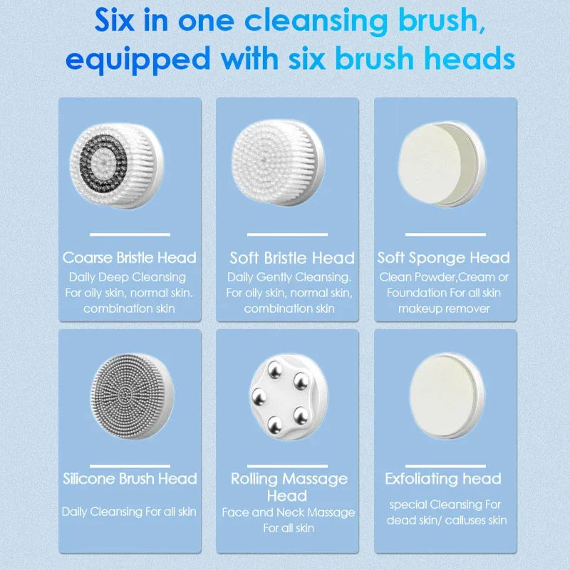 Portable 6-In-1 Silicone Electric Cleansing Brush Facial Pore Cleaning and Exfoliating Waterproof Sonic Cleansing Brush