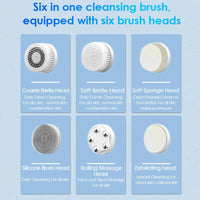 Portable 6-In-1 Silicone Electric Cleansing Brush Facial Pore Cleaning and Exfoliating Waterproof Sonic Cleansing Brush