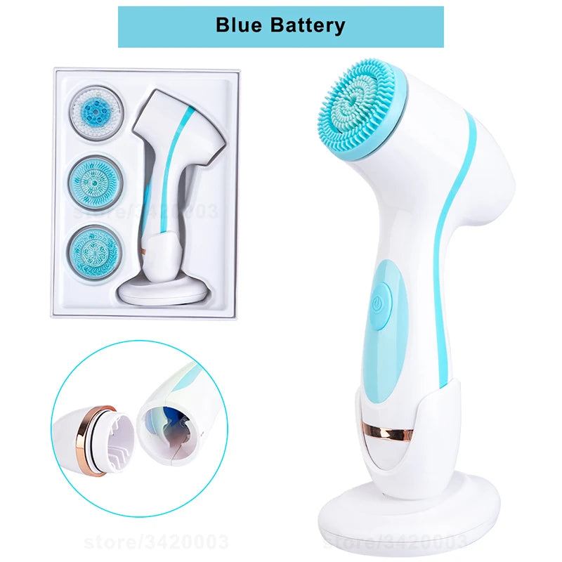 Portable 6-In-1 Silicone Electric Cleansing Brush Facial Pore Cleaning and Exfoliating Waterproof Sonic Cleansing Brush