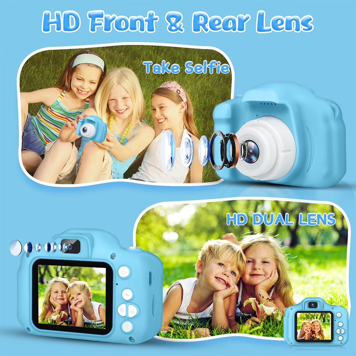 Kids Camera 1080P HD Digital Video Camera for Kids 32Gb Sd Card Mini Rechargeable Toddler Toys Christmas Birthday Festival Gifts for for 3-12 Years Kids, Blue